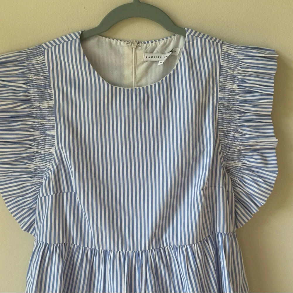 NWOT English Factory Size XS Blue White Striped Ruffle Sleeve Dress Short